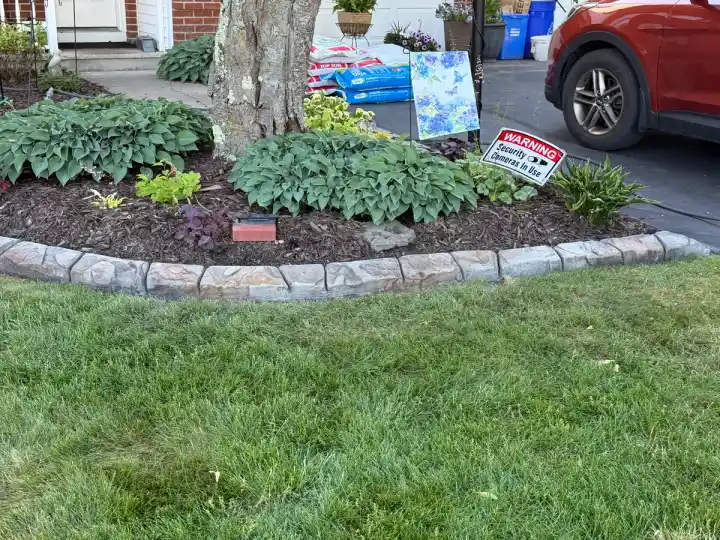 Stamped stone curbing around a hosta garden bed with a mature tree in a front yard